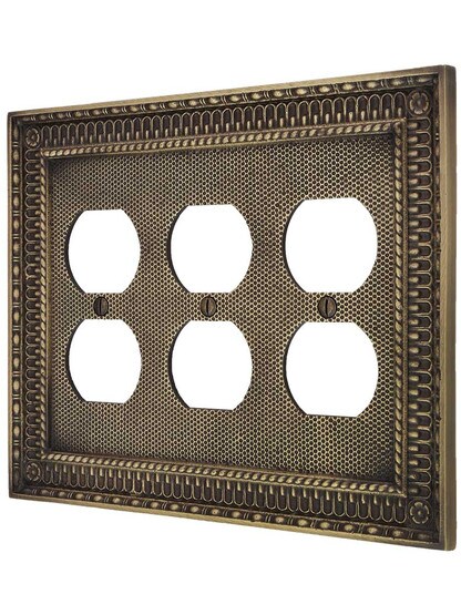 Pisano Triple Gang Duplex Outlet Cover in Antique Brass.